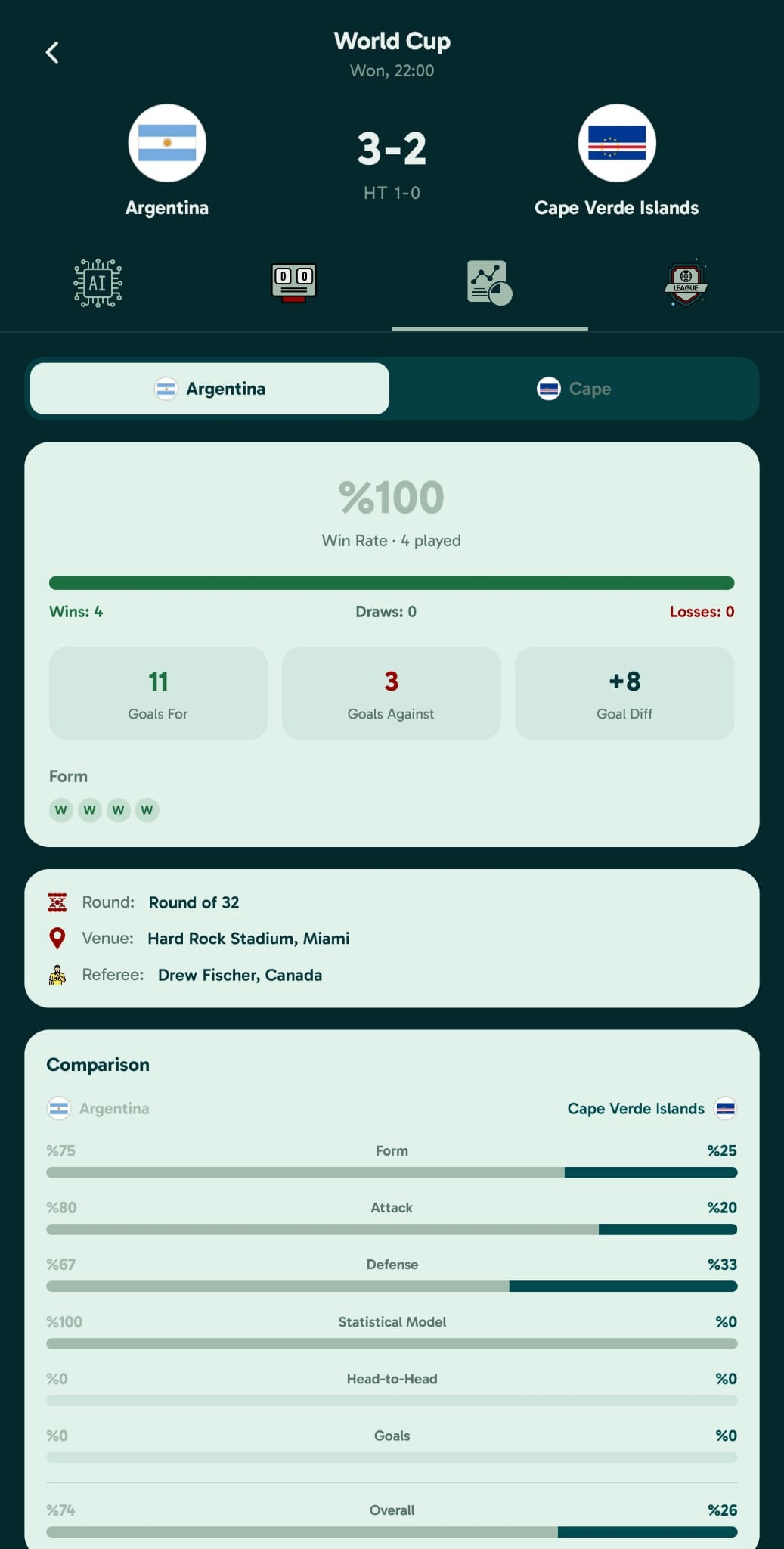 FootPick app match statistics screen